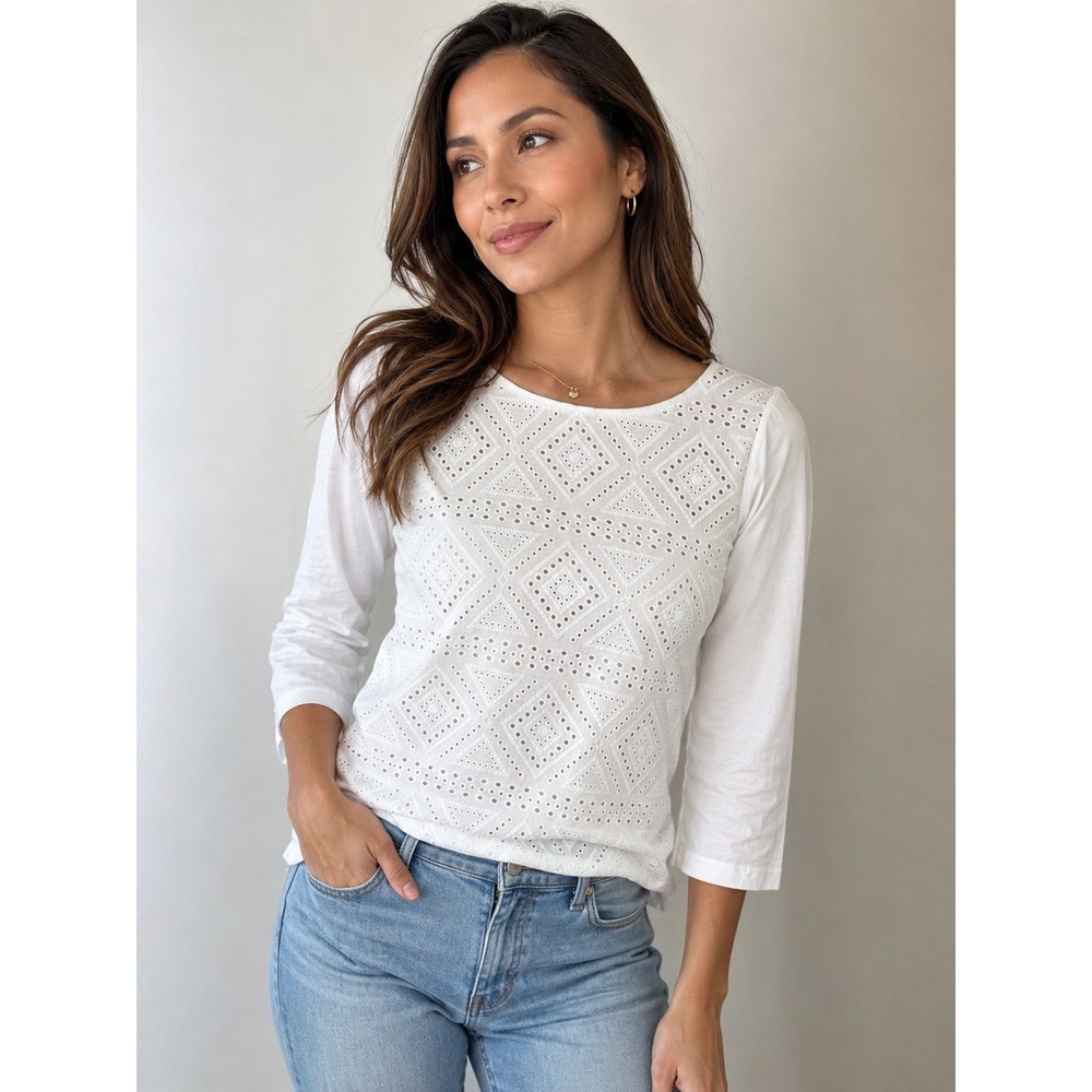 J.Crew Eyelet Top White Geometric Embroidery Boho Coastal Preppy Small‎ Casual